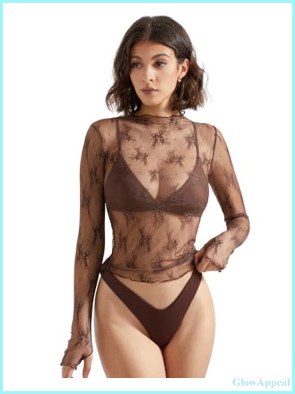 Women's Sheer Mesh Long Sleeve Mock Neck Lace Blouse Sexy Going Out Top
